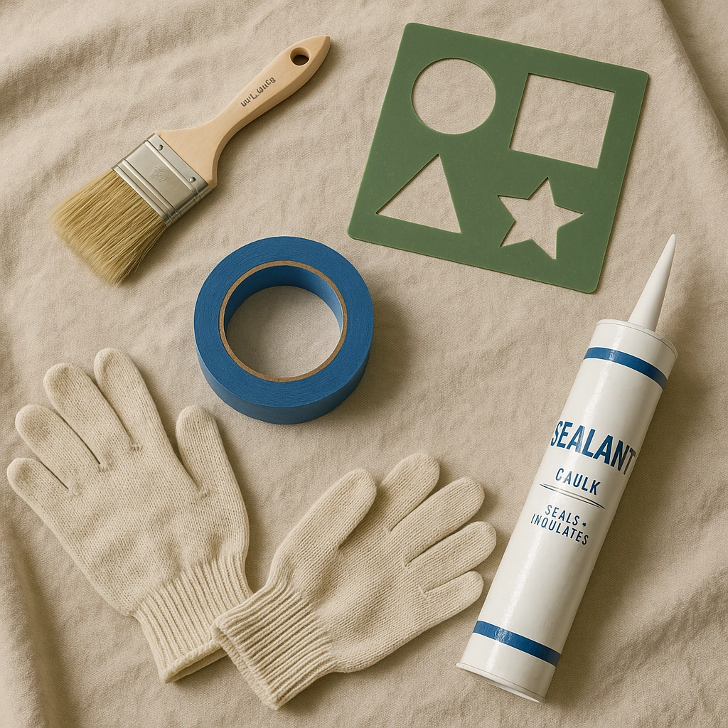 Outils pour peindre un tapis DIY : pinceau, ruban, gants, pochoir et vernis.