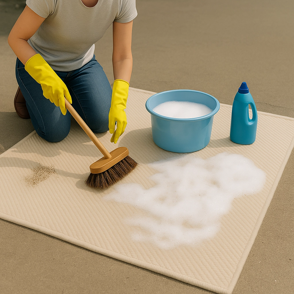 Personne nettoyant un tapis avec gants, balai, savon et eau.
