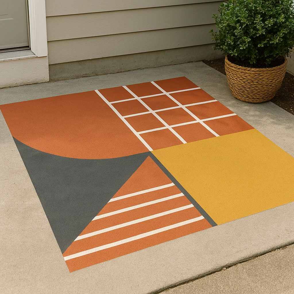 Motif géométrique coloré peint sur un tapis en extérieur.