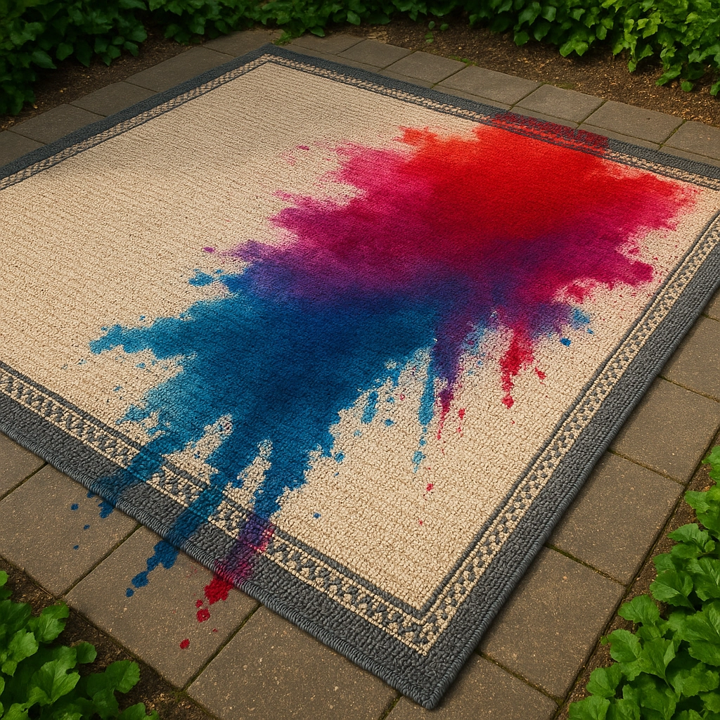 Tapis avec des éclaboussures de peinture rouge et bleue créant un effet dégradé.