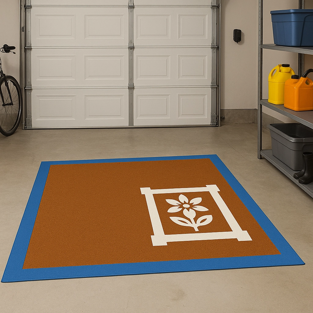 Sol de garage avec motif floral pochoiré sur tapis et ruban bleu.