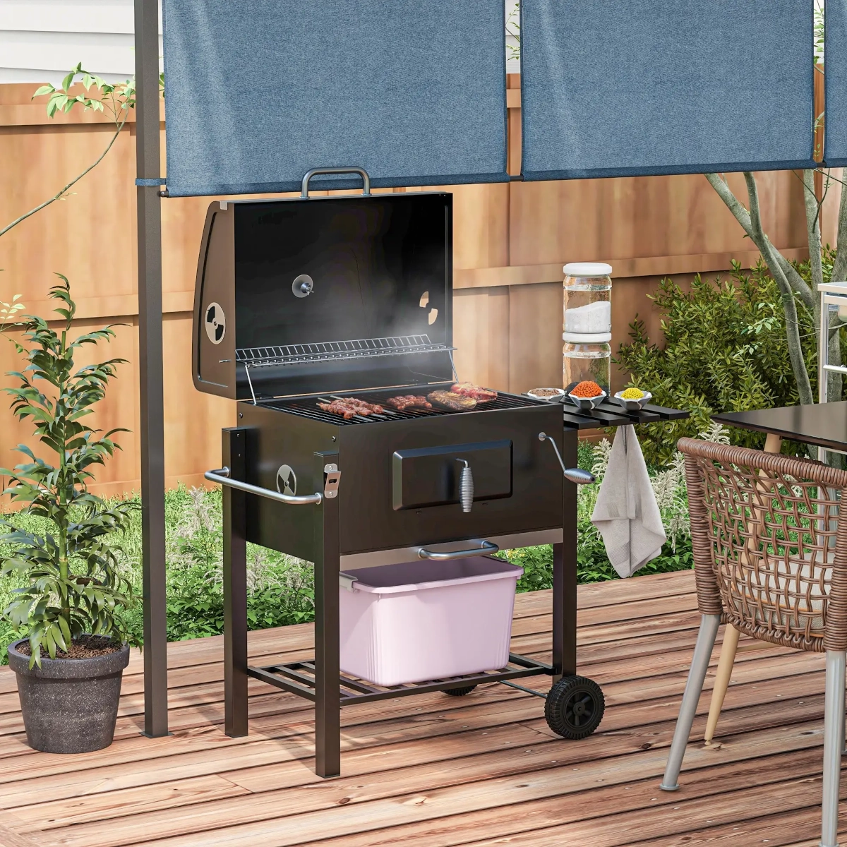 Outsunny gril au charbon de bois avec foyer réglable en hauteur