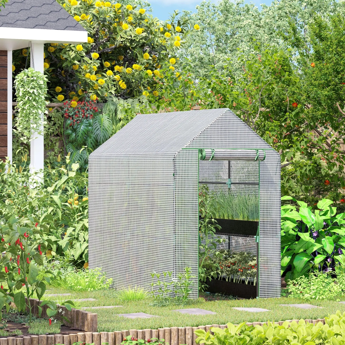 Outsunny Serre de jardin PE avec étagère 2 niveaux

