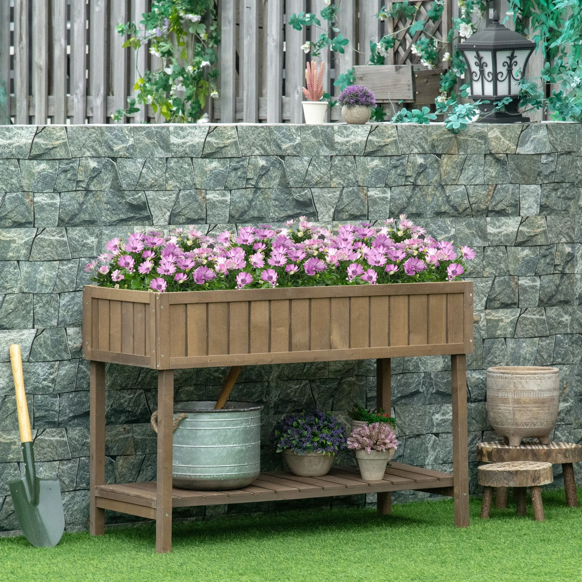 Jardinière surélevée en bois Outsunny avec étagères et plateau