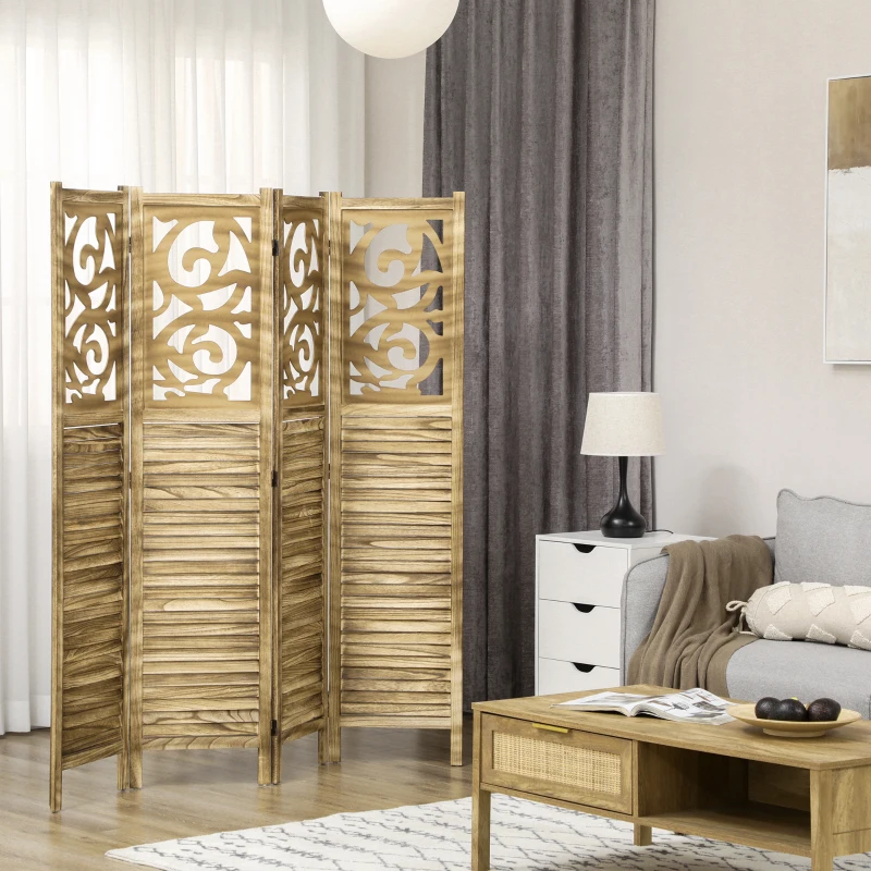 Séparateur de pièce en bois aux motifs tourbillonnants sculptés dans un salon moderne.