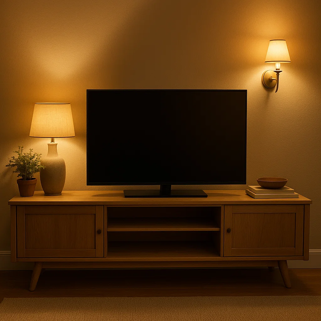 Meuble TV avec éclairage d'ambiance chaleureux, lampe de table et applique murale créant une atmosphère de salon chaleureuse.