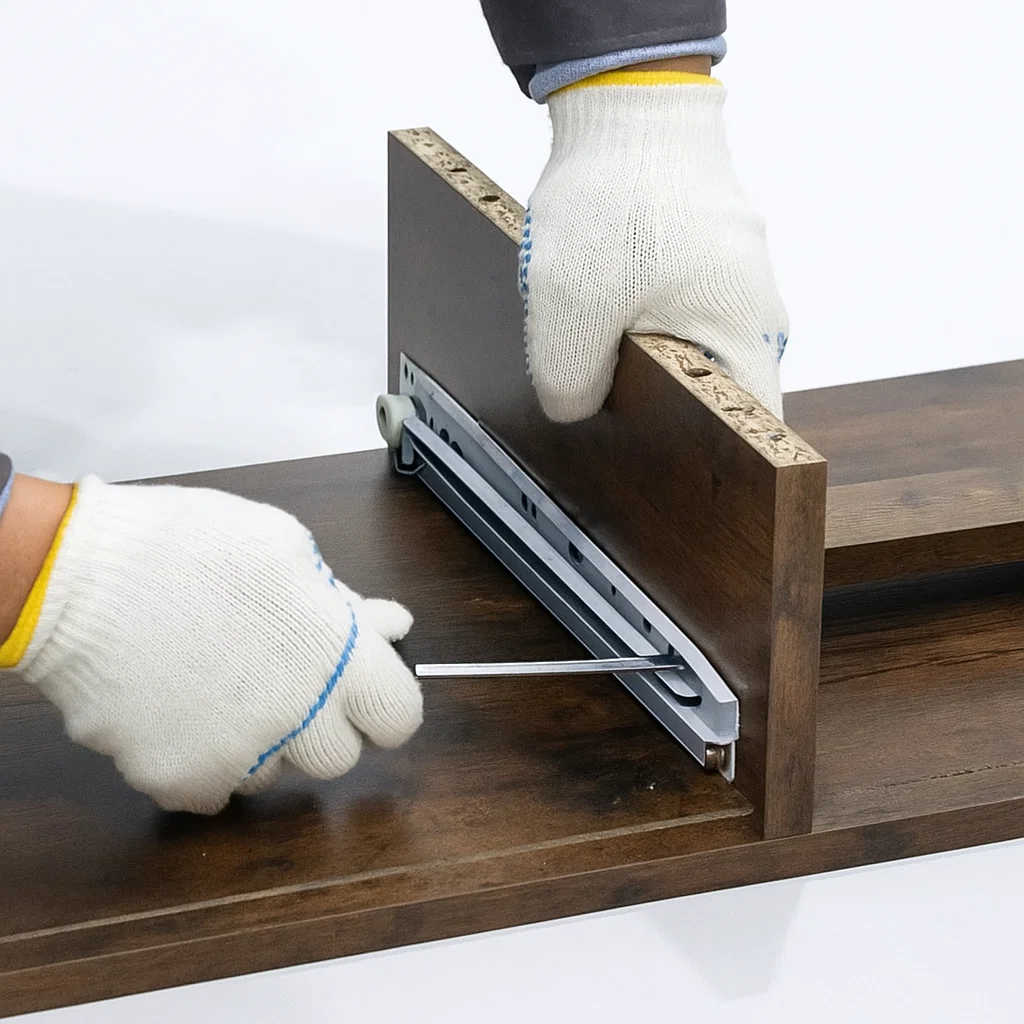 Ouvrier en gants fixant un support de rail central avec un tournevis.