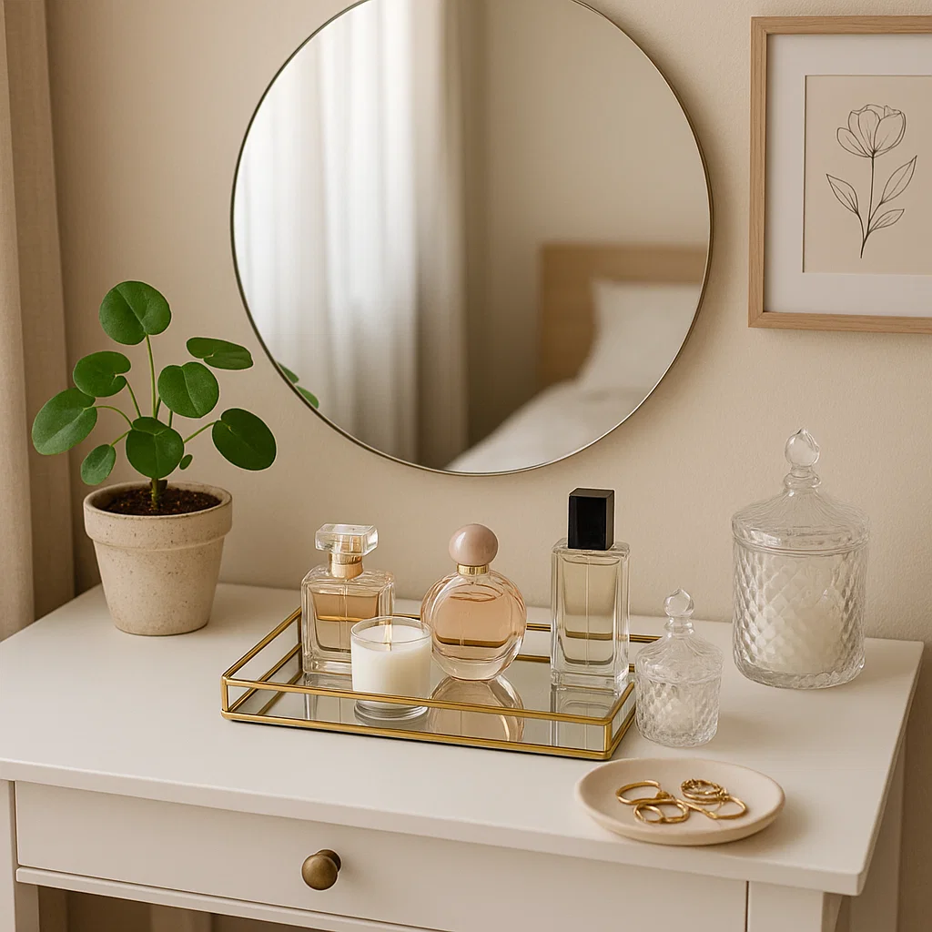 Coiffeuse minimaliste avec un miroir, des bougies, des flacons de parfum, des bijoux et une plante en pot.