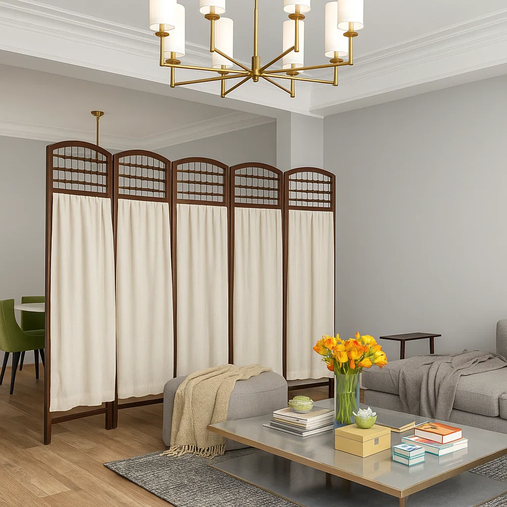 Paravent en bois avec des panneaux en tissu crème, rehaussant l'ambiance chaleureuse d'un salon.