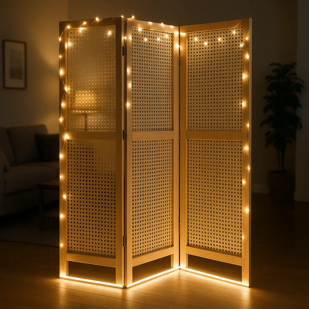 Paravent en bois orné de guirlandes lumineuses pour une ambiance chaleureuse et accueillante.