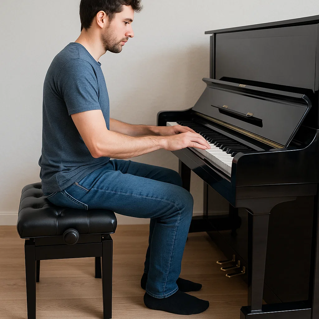 Adulte à la banquette d'un piano à queue et enfant jouant sur la banquette d'un piano droit