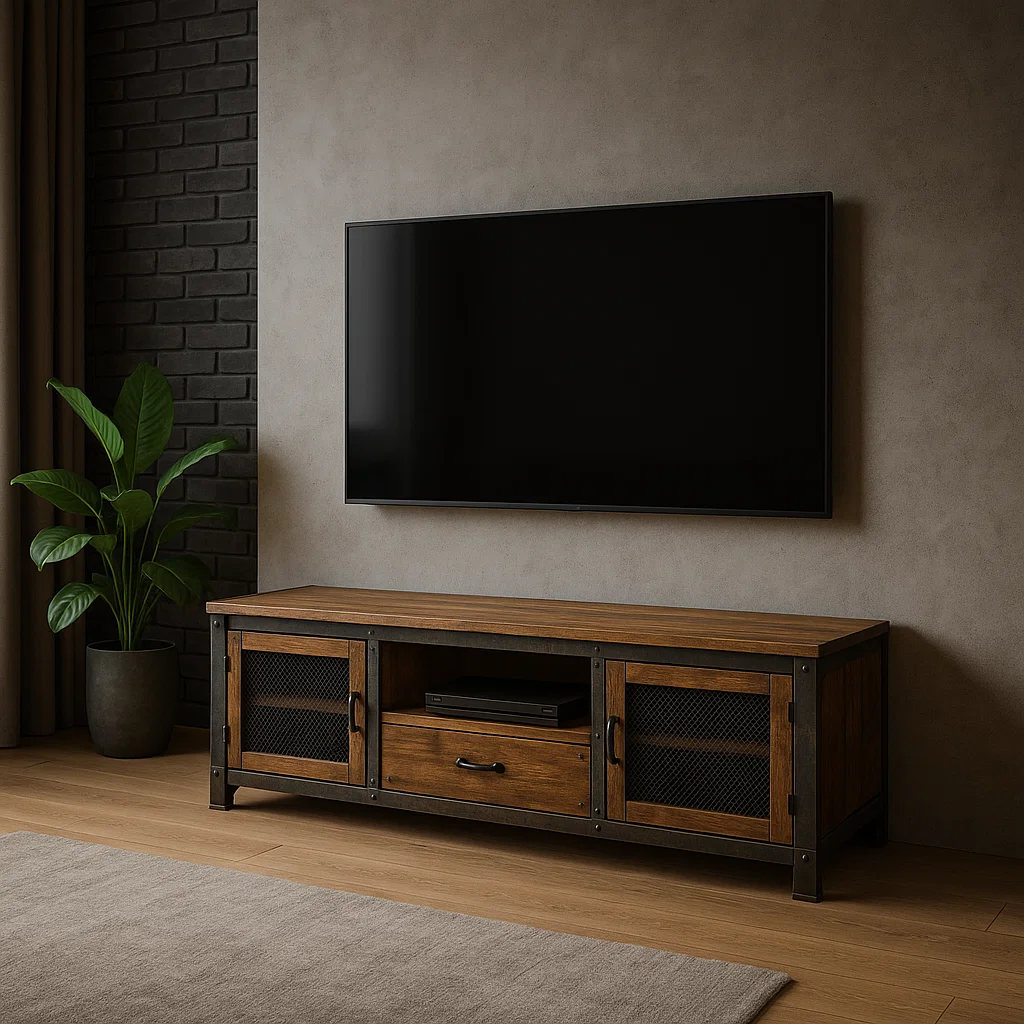 Meuble TV avec un éclairage d'ambiance chaleureux, des plantes et une télévision murale créant un salon élégant et cosy.