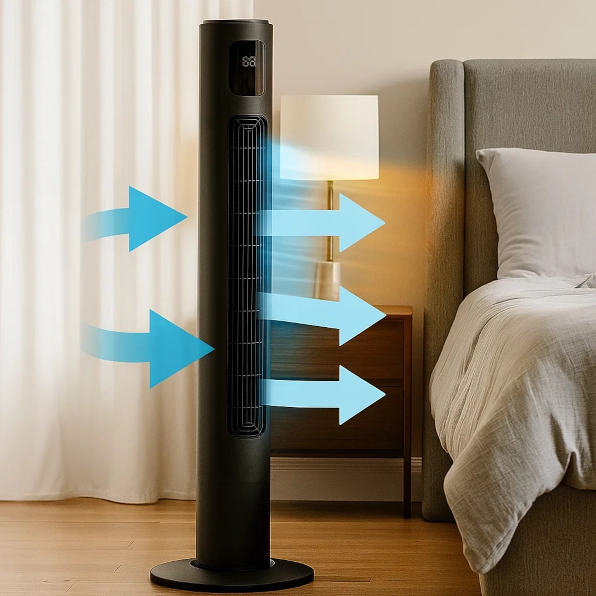 Flèches de flux d'air bleues montrant un ventilateur colonne refroidissant une chambre.