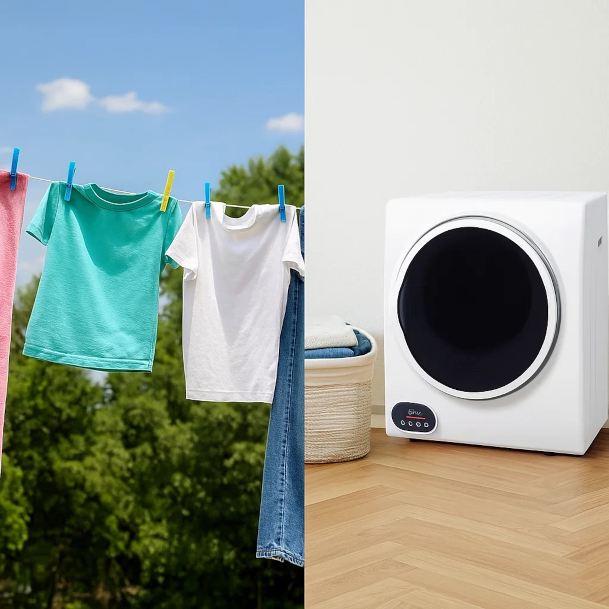 Image divisée montrant du linge séchant à l'air libre à l'extérieur et un sèche-linge compact à l'intérieur.