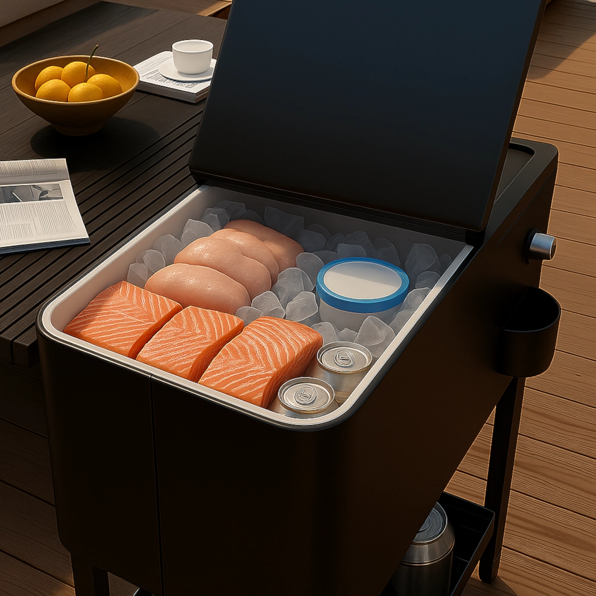 Saumon, poulet, yaourt, et conserves dans la glace.