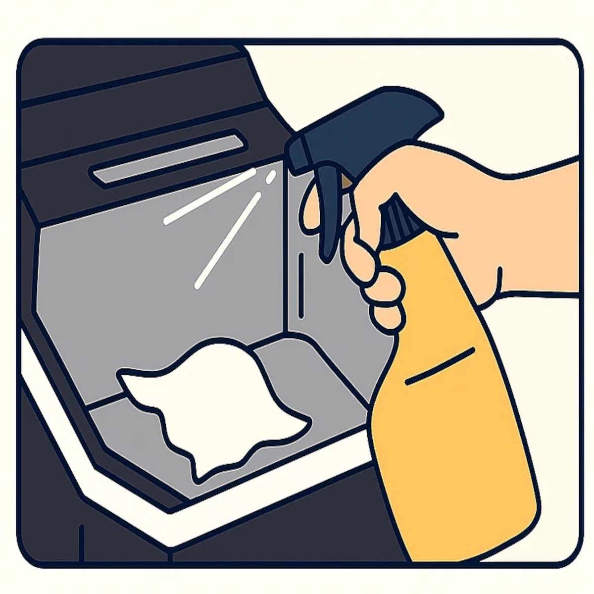 Vaporisateur appliquant du nettoyant à l'intérieur d'une machine à glaçons à côté d'un chiffon blanc pour essuyer.