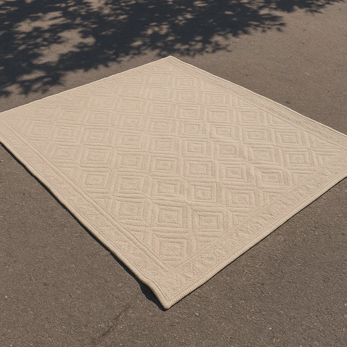 Tapis beige posé à plat sur le pavé en plein soleil pour détendre les fibres enroulées.