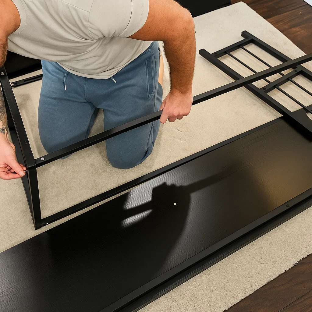 Personne assemblant une table console en fixant les pieds en métal au plateau.