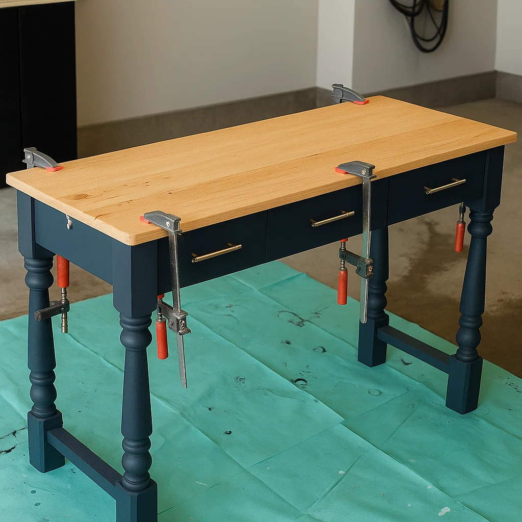 Serrage et vissage du plateau de la console sur le piètement assemblé.