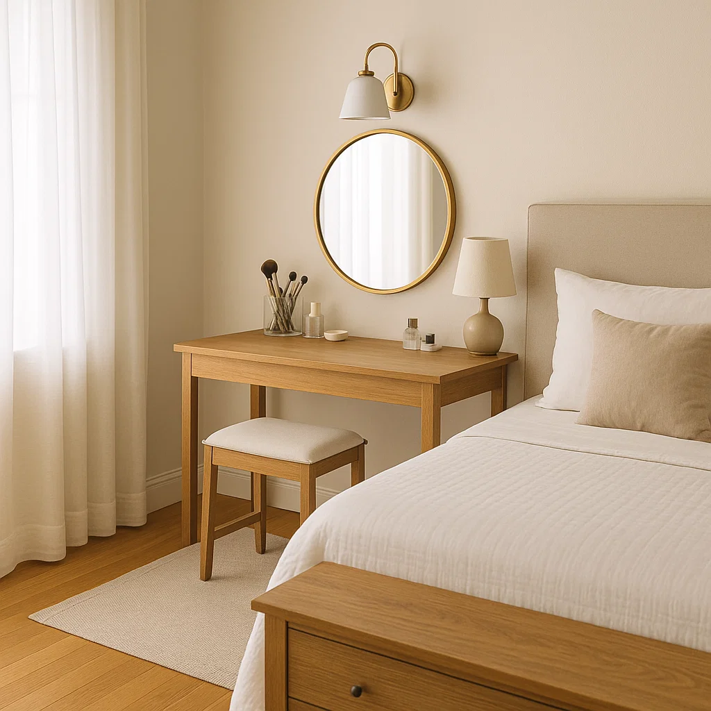 Chambre avec une console minimaliste maximisant l'utilisation de la surface dans un espace limité.