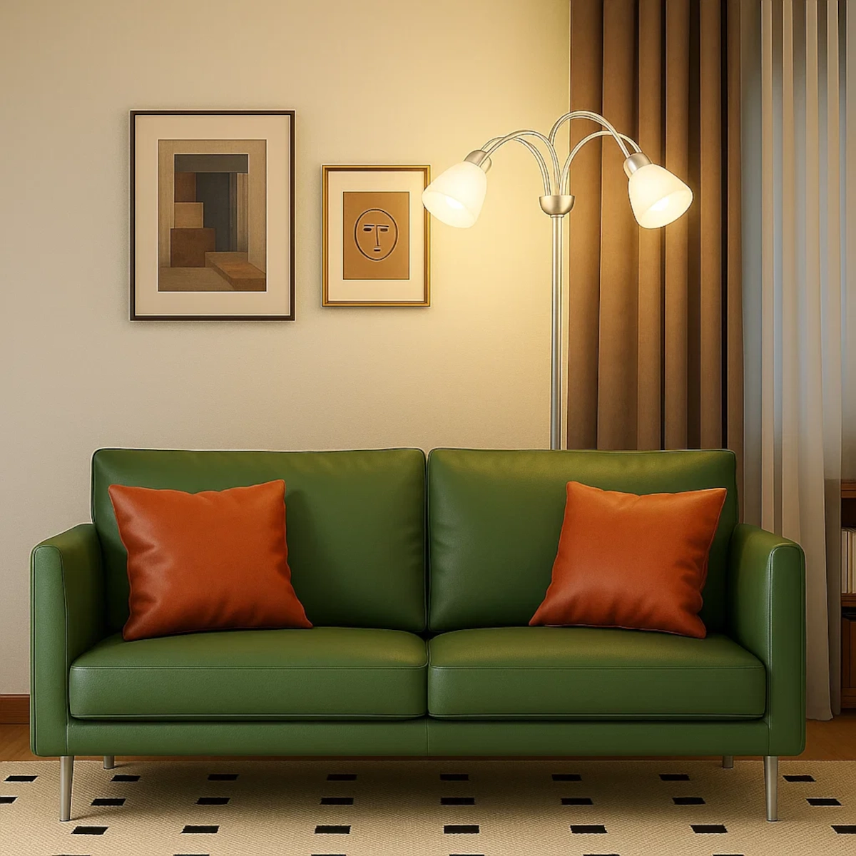 Lampadaire allumé derrière un canapé vert avec des coussins.
