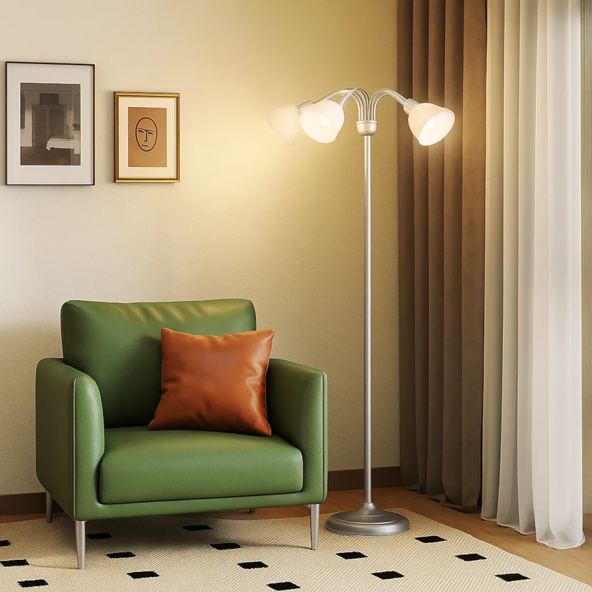 Lampadaire à côté d'un fauteuil vert avec un coussin.