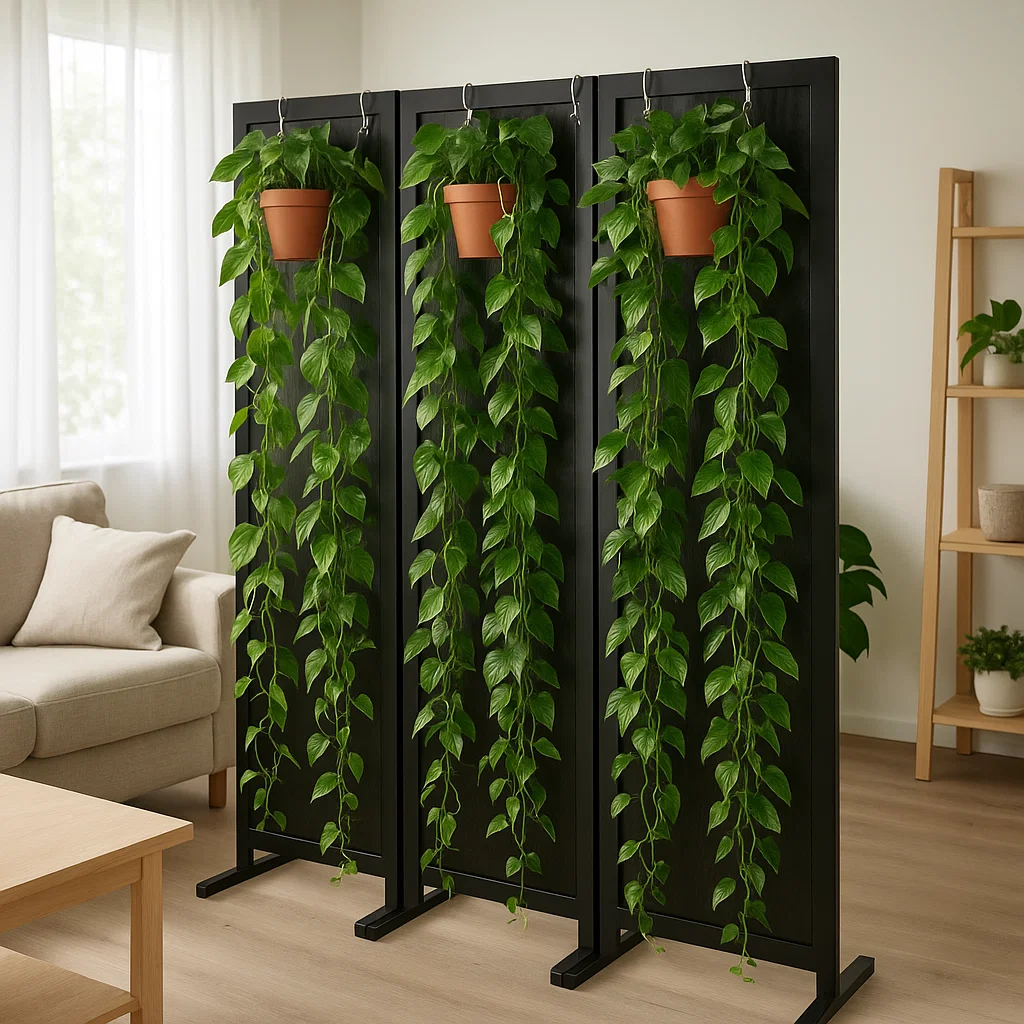 Séparateur de pièce d'intérieur avec des plantes suspendues, offrant une touche naturelle à l'espace.