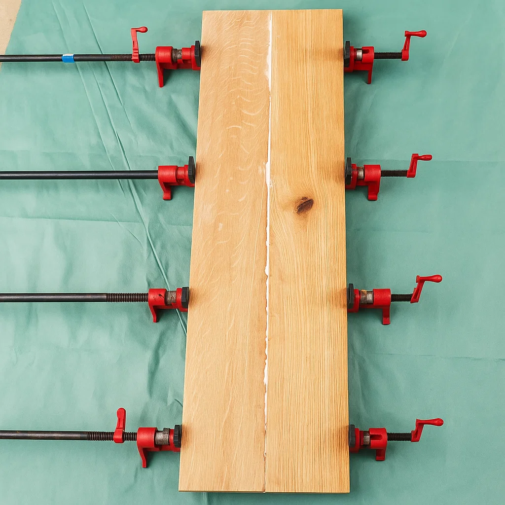 Collage et serrage de planches pour un plateau de console fait maison.