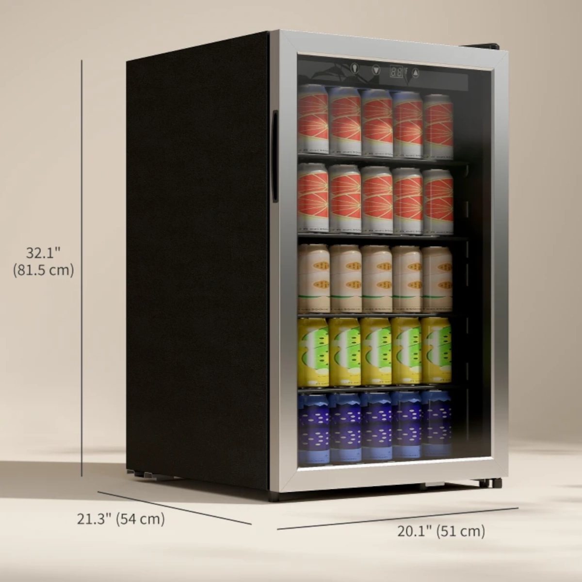 Réfrigérateur à boissons avec canettes, dont les dimensions de hauteur, de largeur et de profondeur sont indiquées.