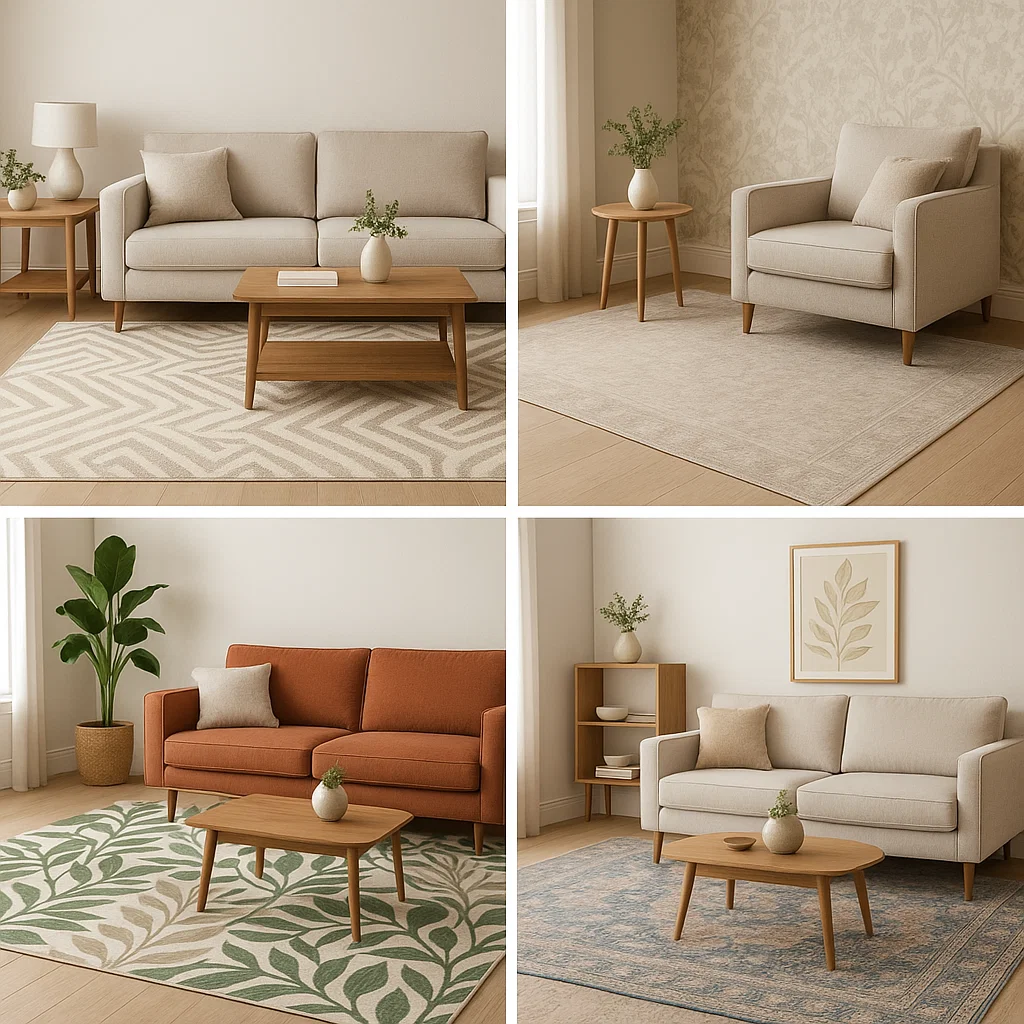 Quatre salons au mobilier moderne, chacun avec un motif de tapis et un agencement distincts.