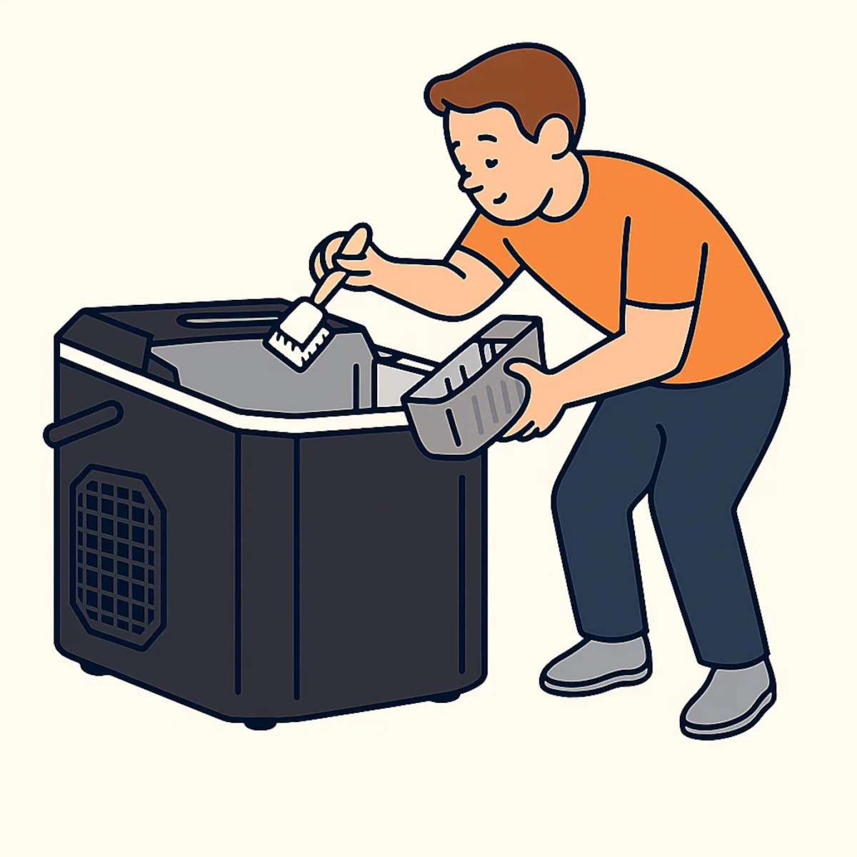 Personne frottant le bac à glaçons amovible avec une brosse en nettoyant une machine à glaçons portable.