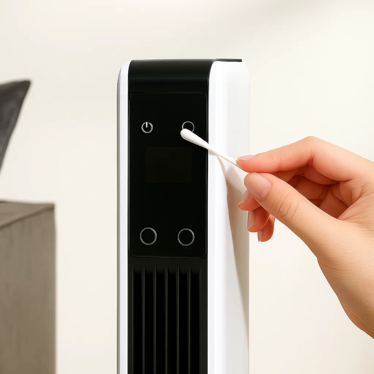 Nettoyage des boutons de commande d'un chauffage d'appoint avec un coton-tige pour enlever la poussière et la saleté accumulées.