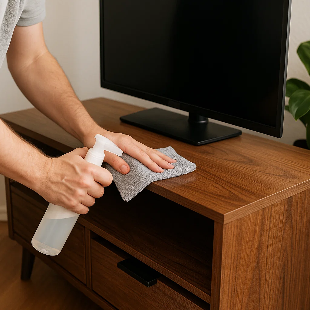 Essuyer un meuble TV en bois avec un chiffon en microfibre et un spray pour enlever la poussière et les traces.
