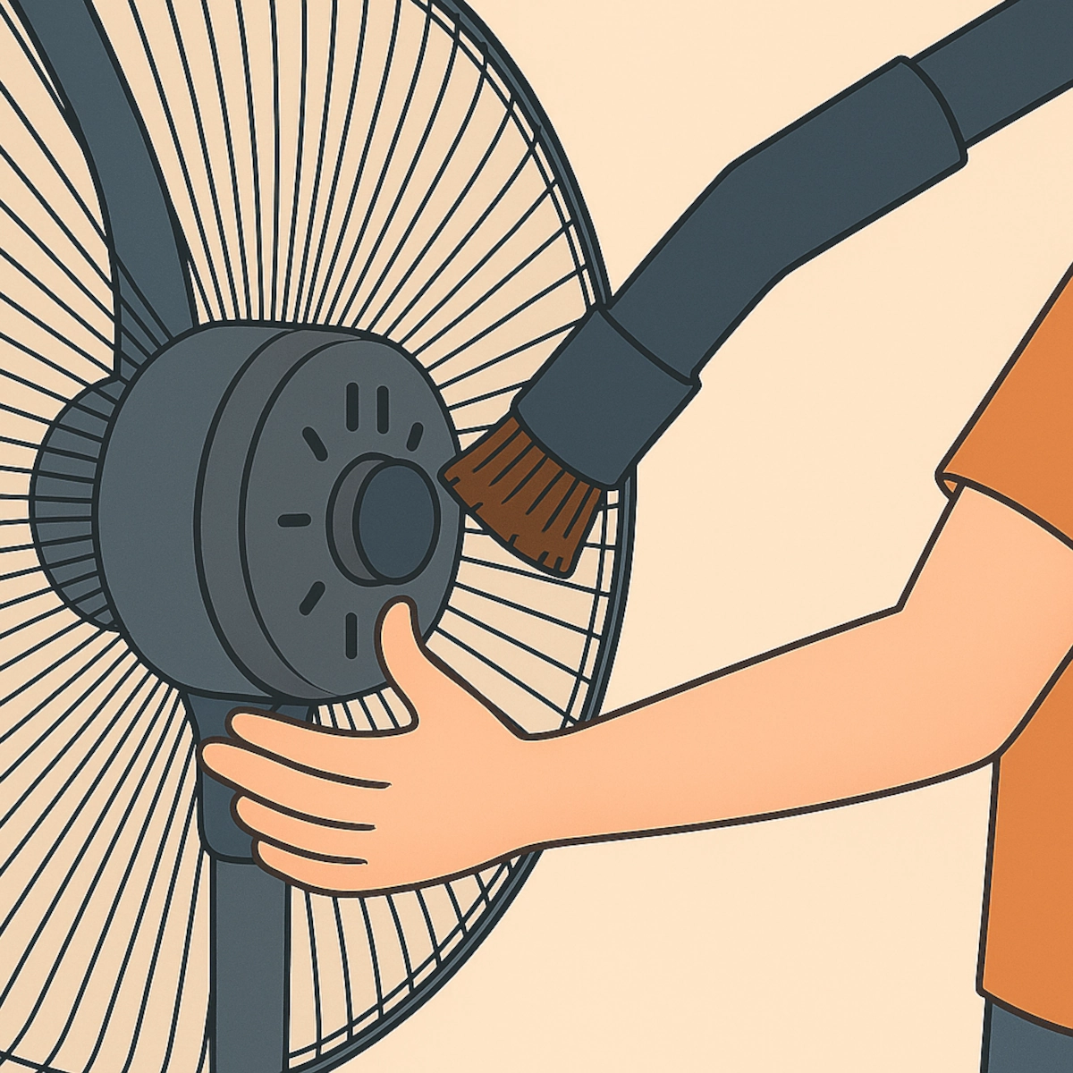 Nettoyage des grilles d'aération du moteur de ventilateur avec l'embout brosse de l'aspirateur.