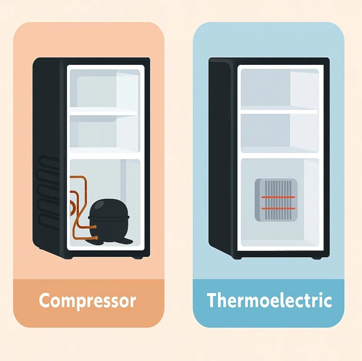 Illustration comparant côte à côte les composants internes des systèmes de mini-réfrigérateurs à compresseur et thermoélectriques.
