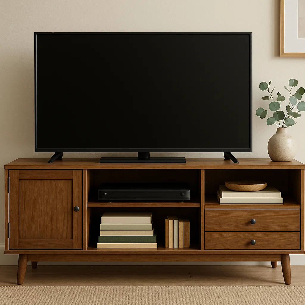 Meuble TV de style mid-century avec des tiroirs, des étagères et des livres, offrant un ample rangement fermé et ouvert.