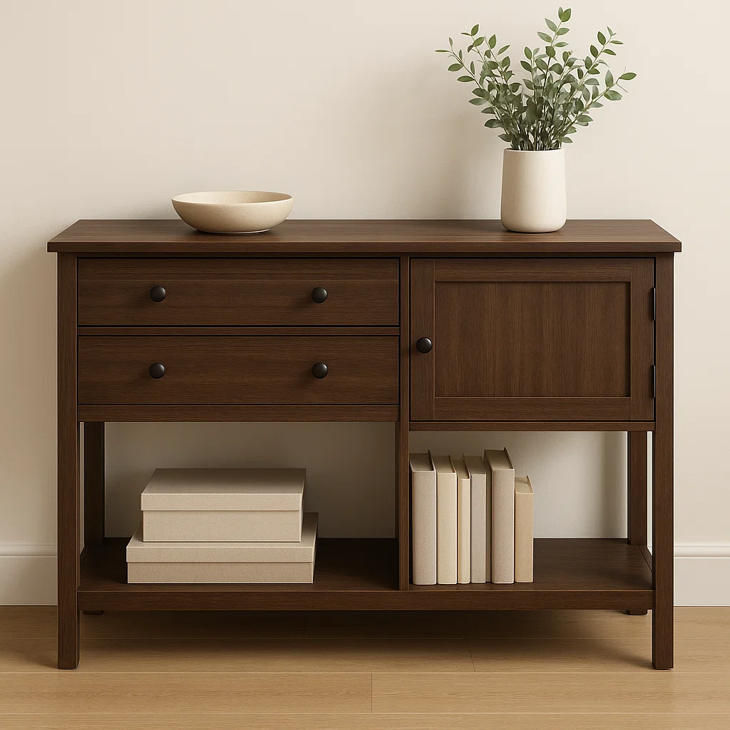 Console en bois foncé avec tiroirs, placard et étagère inférieure où sont rangés des livres et des boîtes.