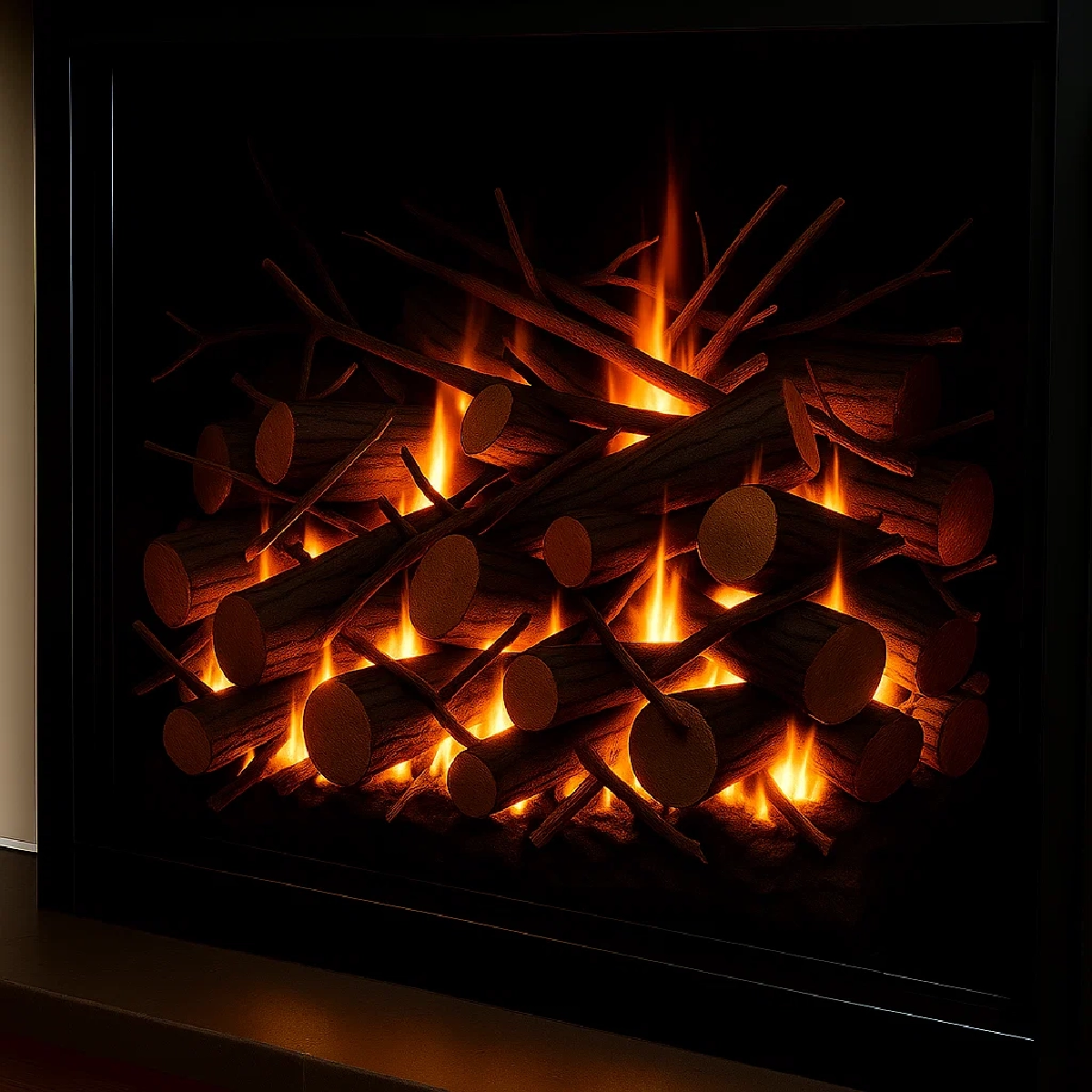 Espaces créés entre les bûches dans le foyer pour rehausser les effets de flamme.