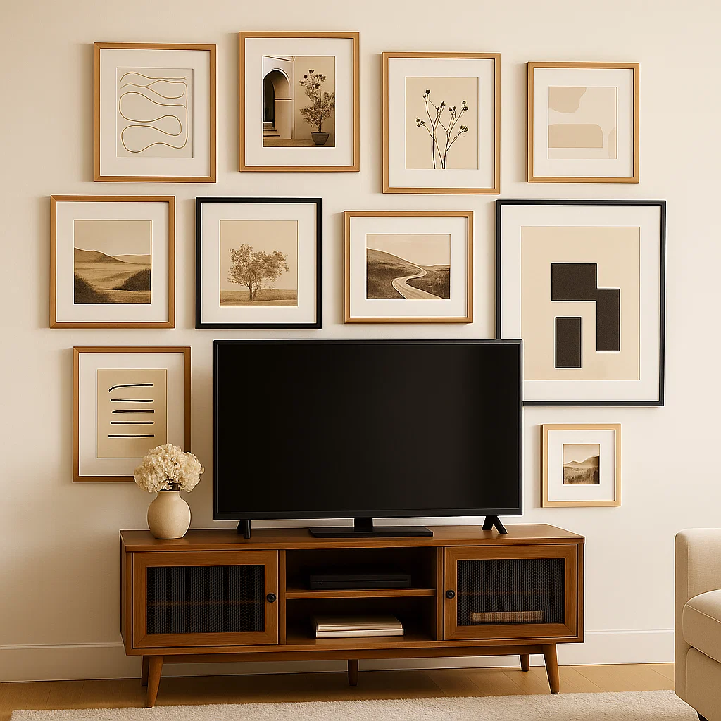 Meuble TV sous un mur de cadres avec des œuvres d'art neutres encadrées, agencées symétriquement pour l'intérêt visuel.