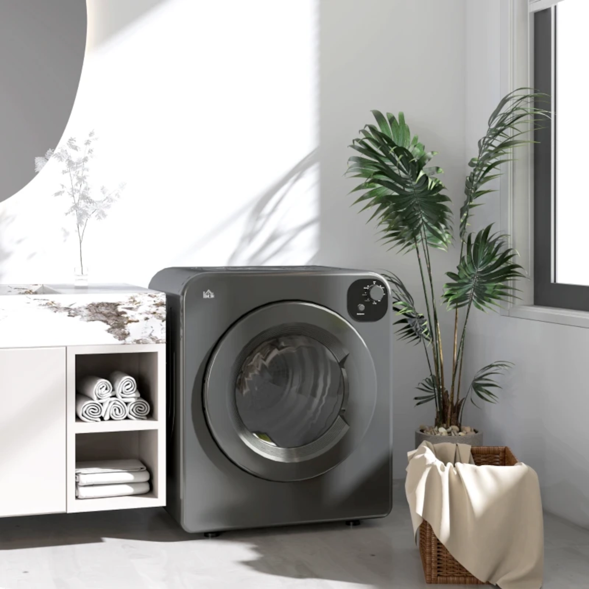 Buanderie moderne avec sèche-linge frontal gris foncé et décoration végétale.