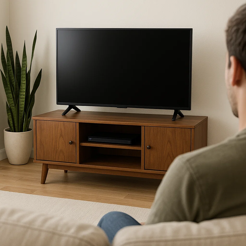 Homme assis sur un canapé regardant un téléviseur à écran plat placé à hauteur des yeux sur un meuble TV en bois.