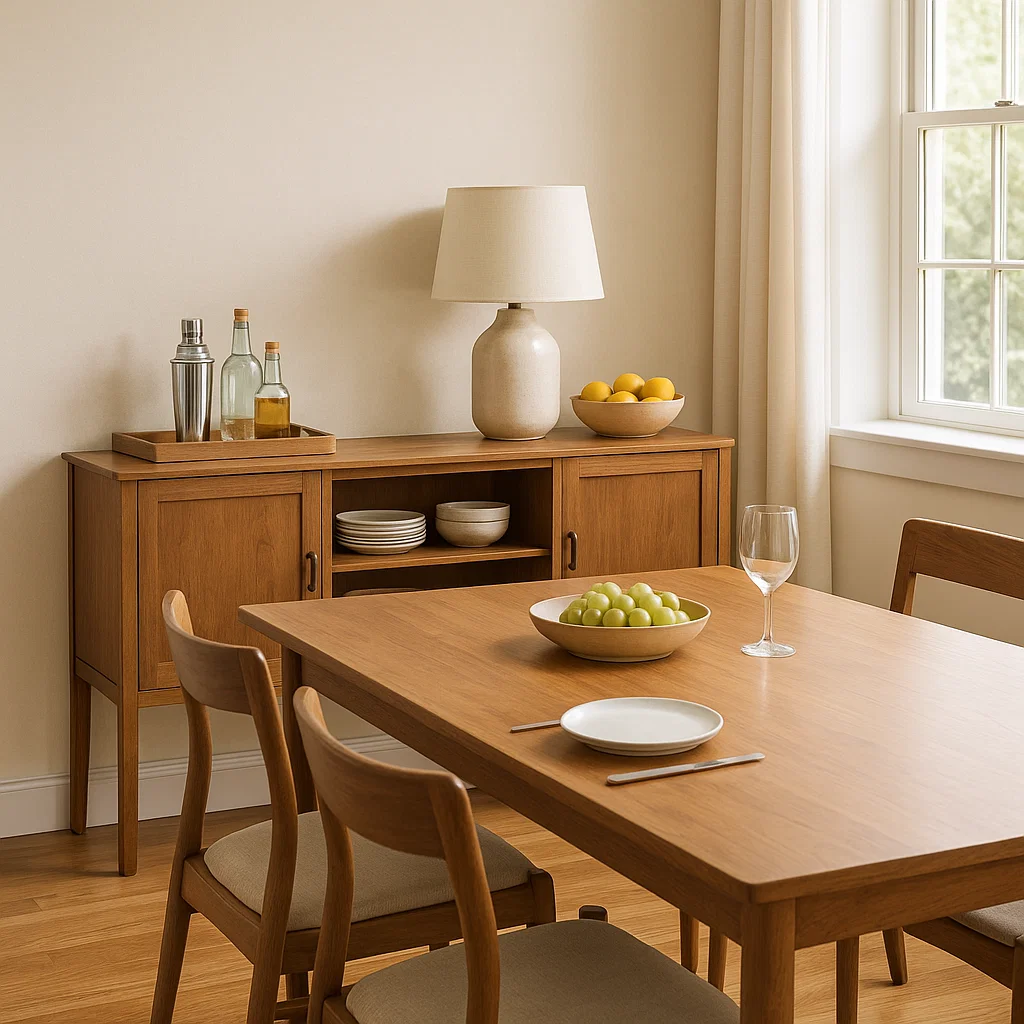 Salle à manger avec une console élégante, parfaite pour recevoir comme pour les repas du quotidien.