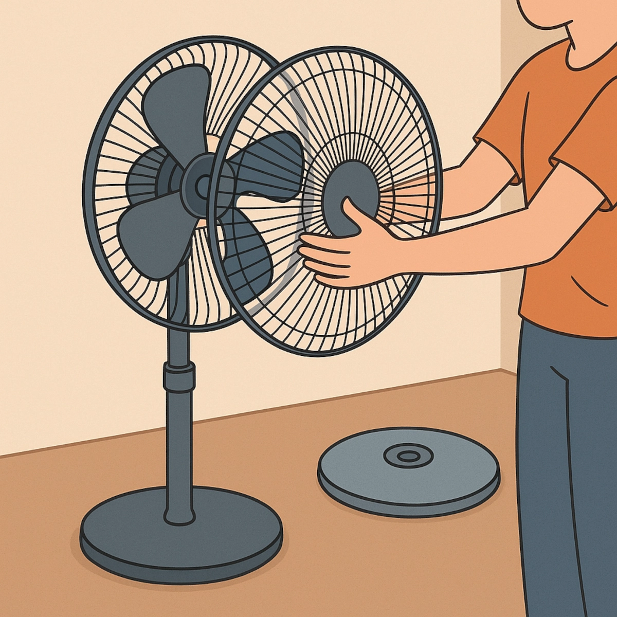 Démontage de la grille avant du ventilateur pour un nettoyage en profondeur.