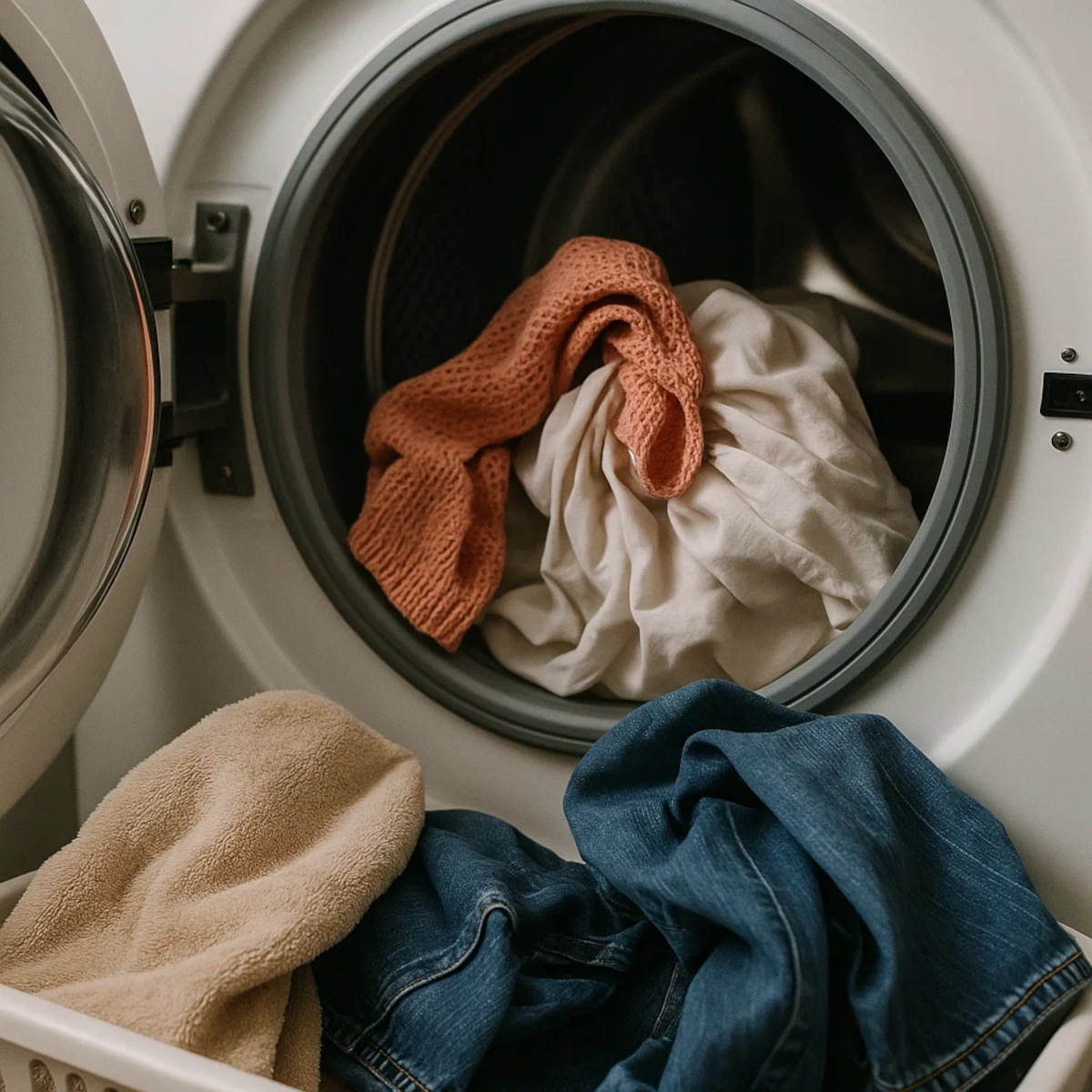 Tambour de sèche-linge ouvert rempli de linge de différents tissus, prêt pour le cycle de séchage.