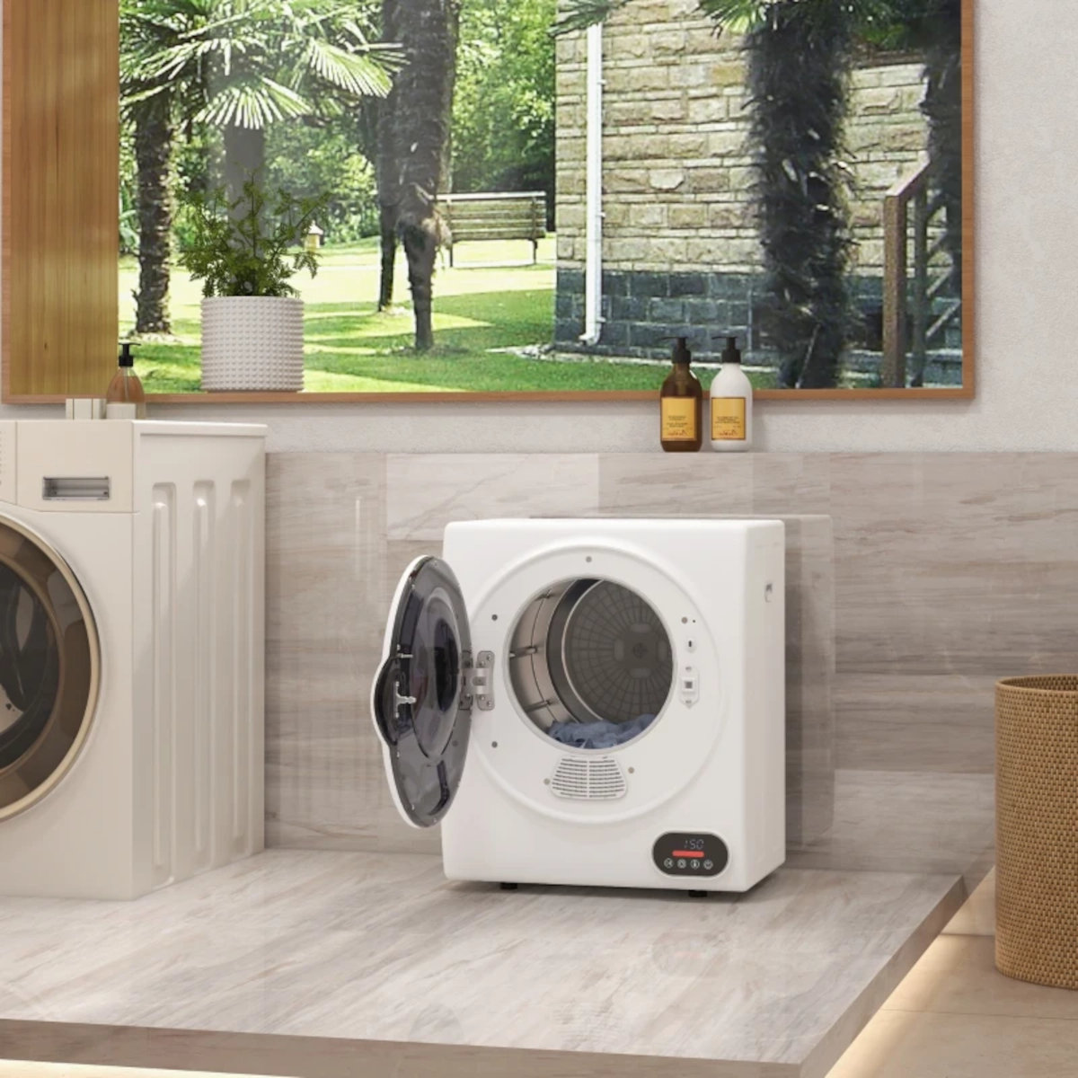 Sèche-linge compact à chargement frontal avec la porte ouverte dans une buanderie lumineuse.