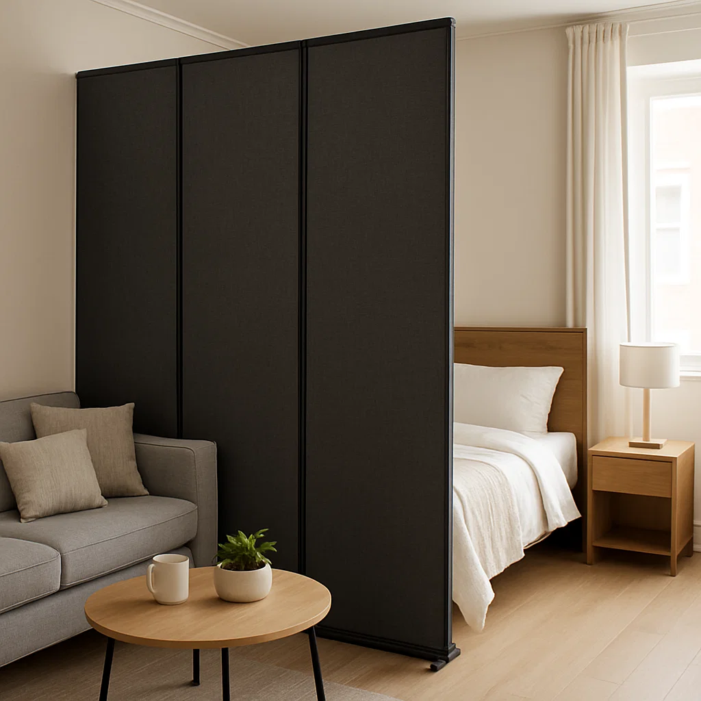 Une grande cloison acoustique noire offre de l'intimité et un contrôle sonore entre l'espace nuit et le salon.