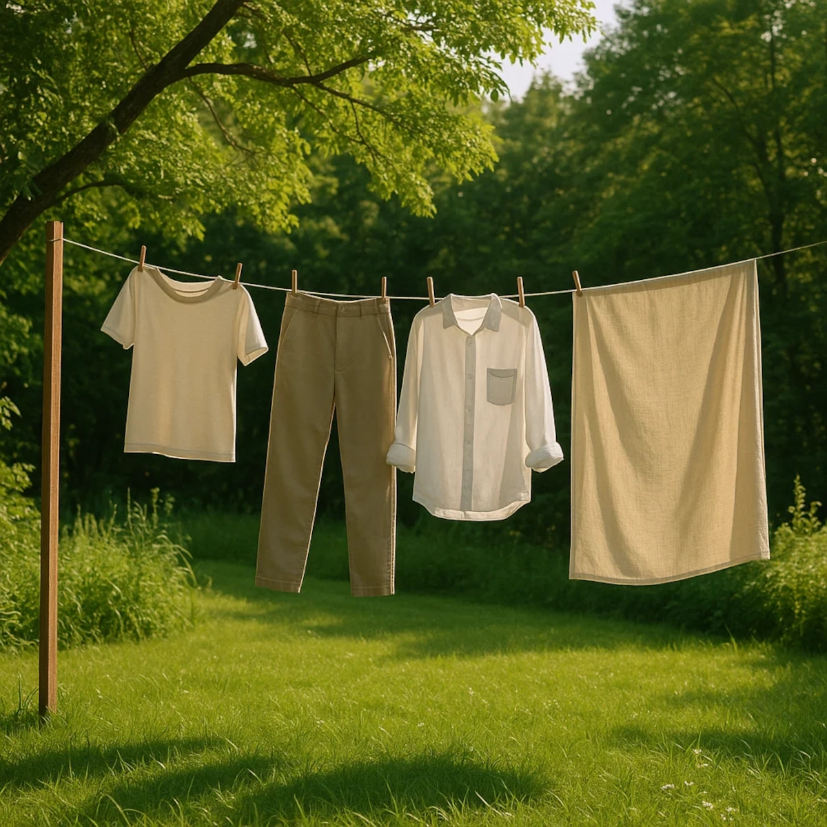 Du linge suspendu sur une corde à linge dans un jardin verdoyant et ensoleillé pour un séchage naturel à l'air libre.