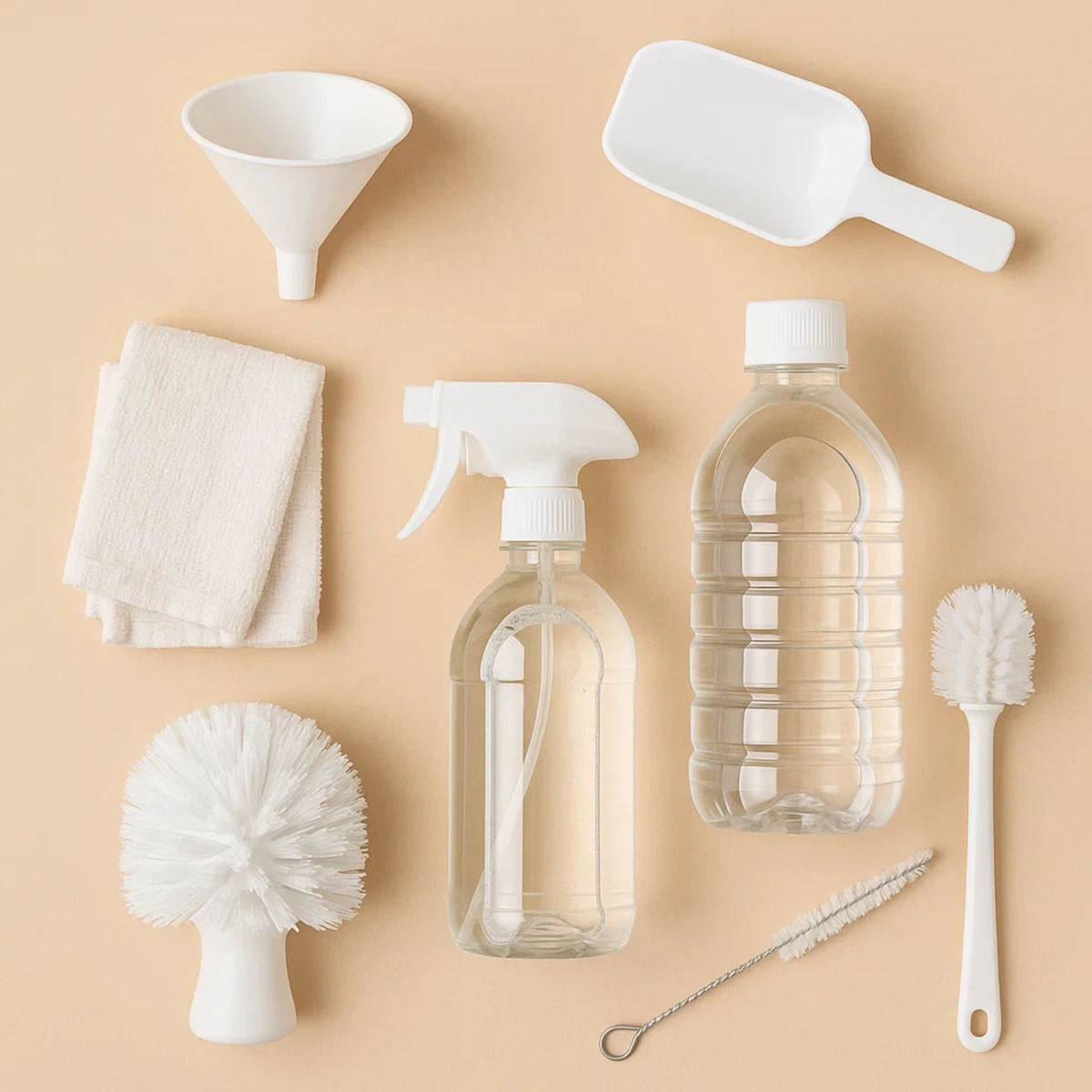 Assortiment d'outils de nettoyage pour machine à glaçons, comprenant des brosses, des chiffons, un vaporisateur et du vinaigre.
