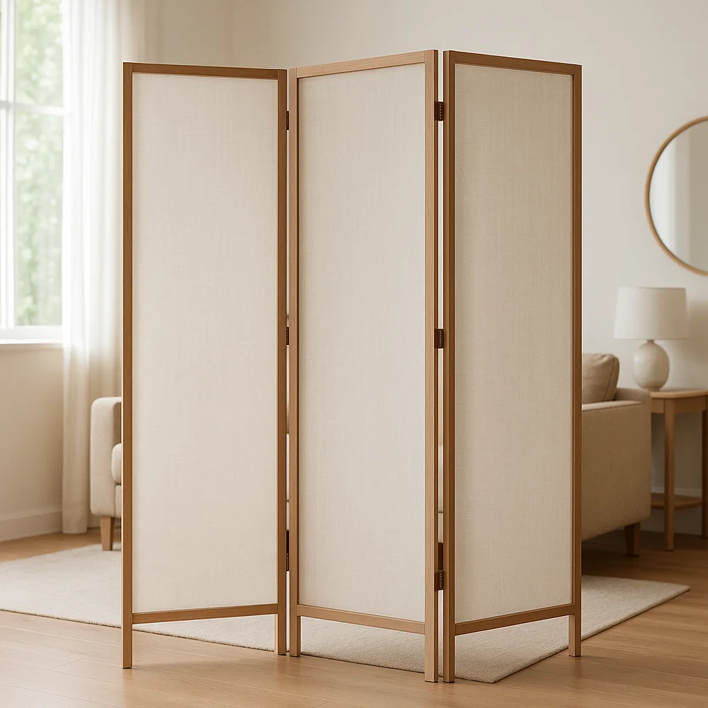 Séparateur de pièce minimaliste à panneaux de tissu avec un cadre en bois dans un salon aux tons neutres.