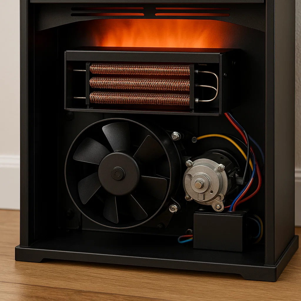 Gros plan de l'élément chauffant, du moteur de ventilateur et du câblage d'une cheminée électrique, montrant les composants du chauffage par convection.